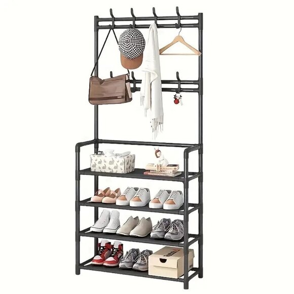 Versatile Shoe & Coat Metal Rack Detachable Hooks Multi-Layer Free-Standing - Picture 1 of 4